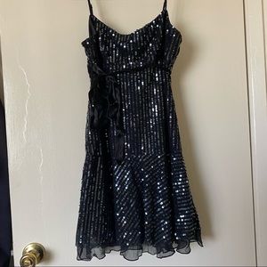 BCBG Maxazria black sequin mini party dress spaghetti strap silk bow Small S